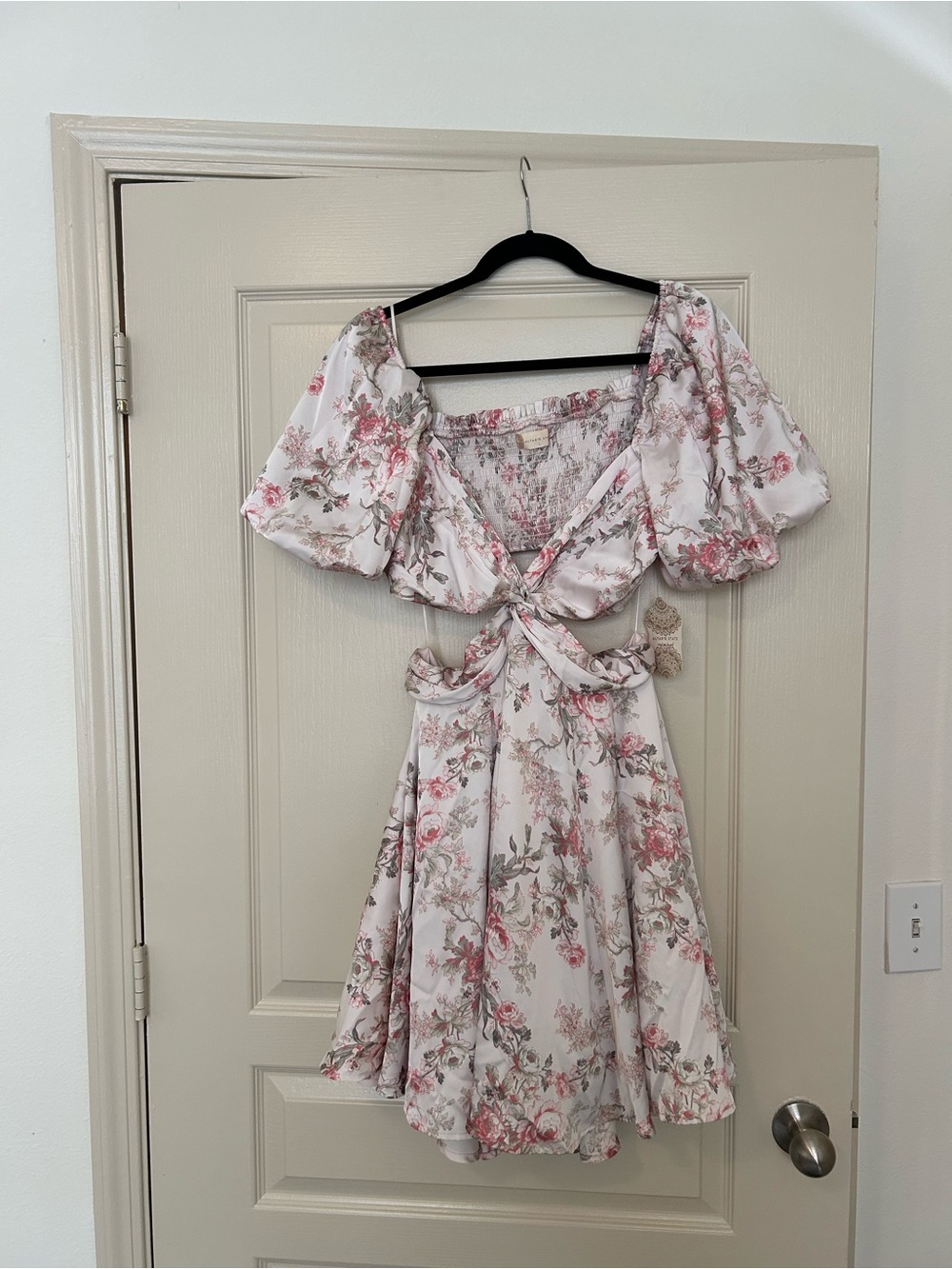 Altar'd State Pink Floral Tie-Front Puff Sleeve Mini Dress